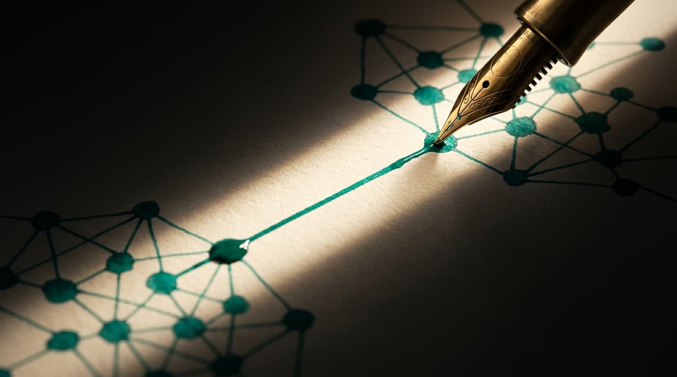 A fountain pen drawing a deliberate teal ink connection between two sprawling networks of content topics — the moment a strategy connects