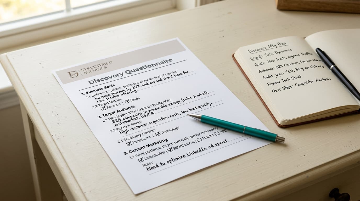 Discovery questionnaire with filled-in business goals and target audience sections