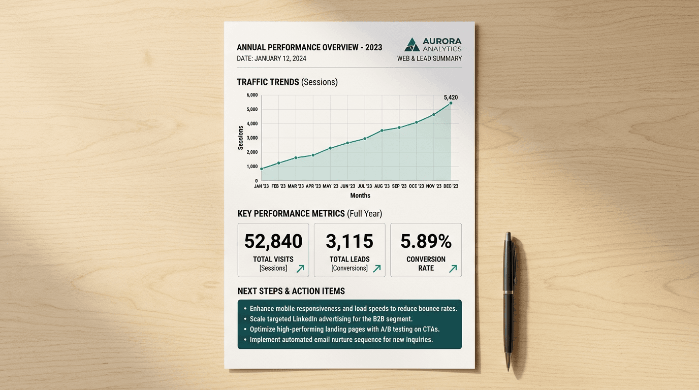 One-page analytics report showing traffic trends, key metrics, and next steps