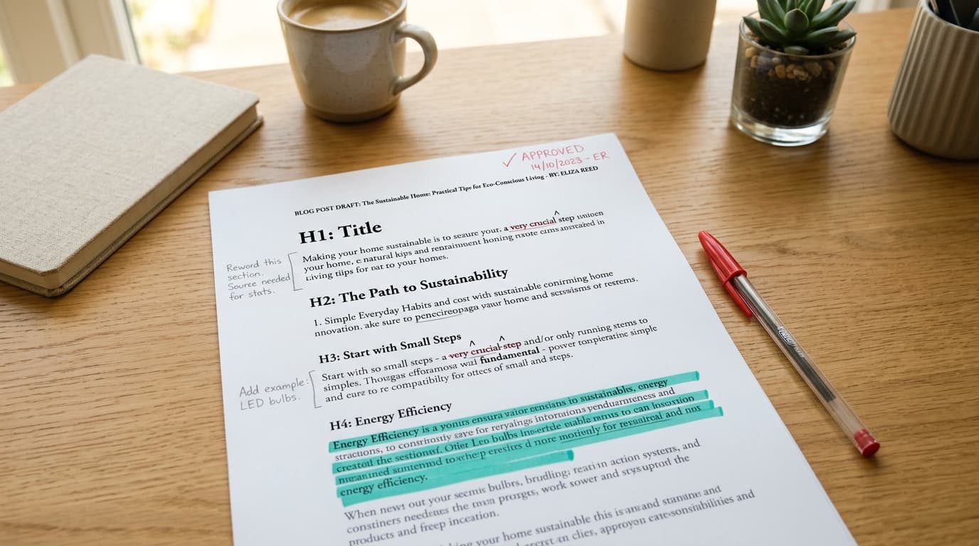 Blog post draft with editorial markup, highlights, and approval stamp