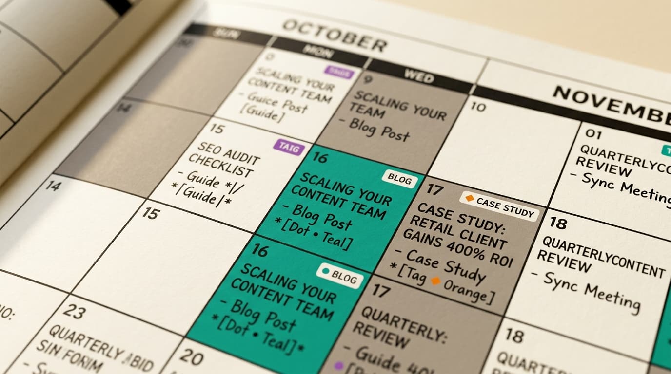 Close-up of an editorial calendar with color-coded content entries