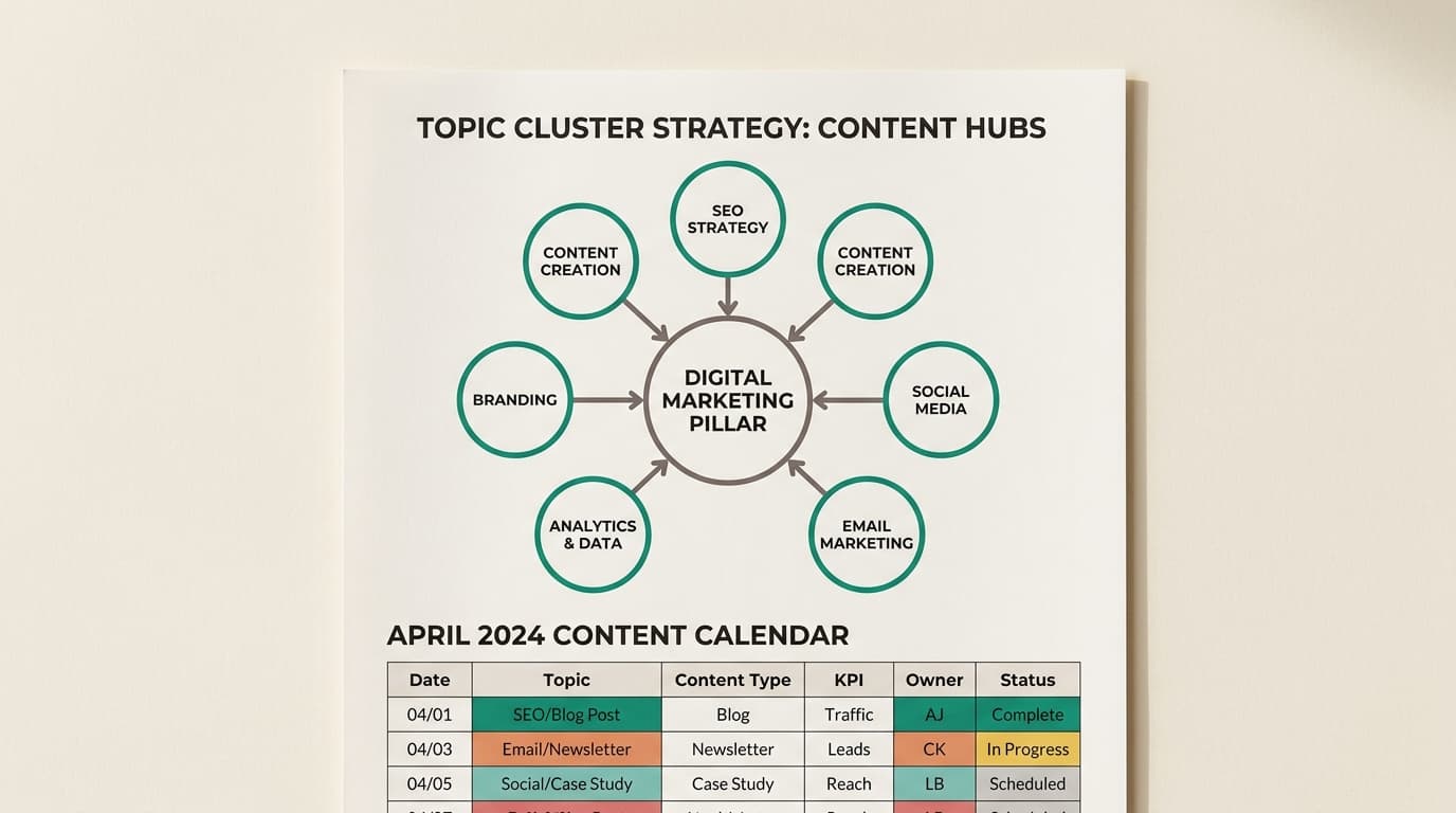 Content strategy document with topic cluster diagram and editorial calendar