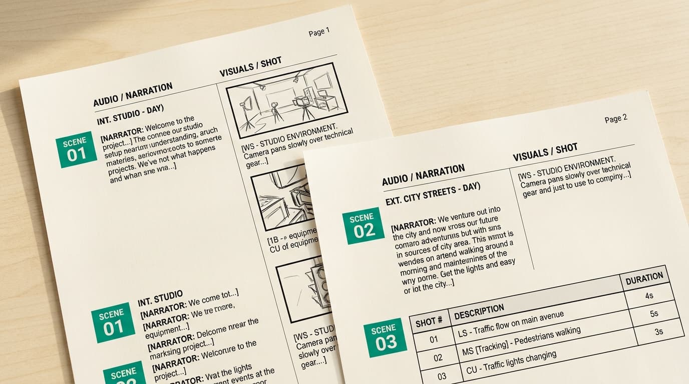 Formatted video script pages with two-column layout and shot list